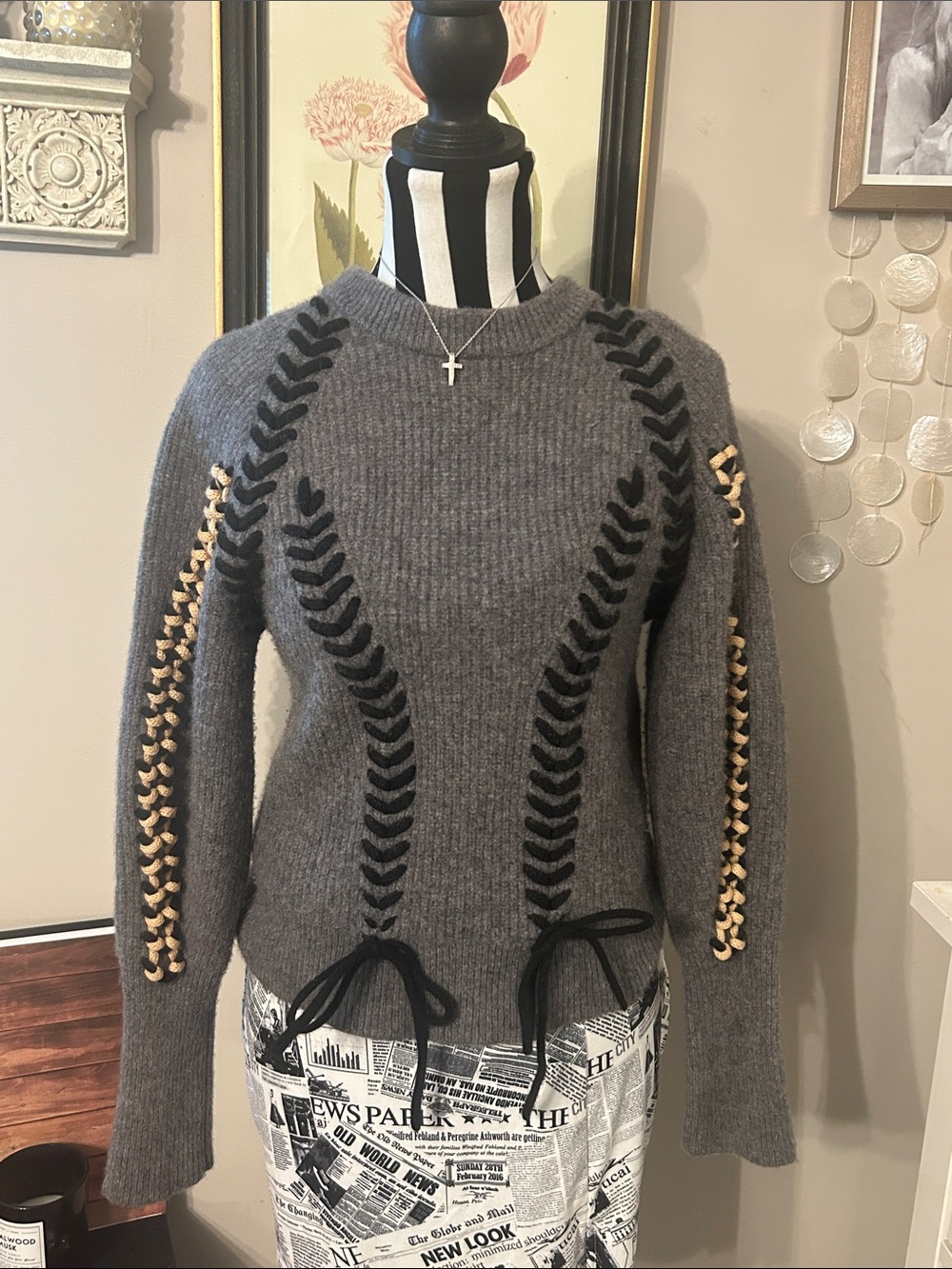 Lé AL X Gray Sweater with Black and Tan lace Accents